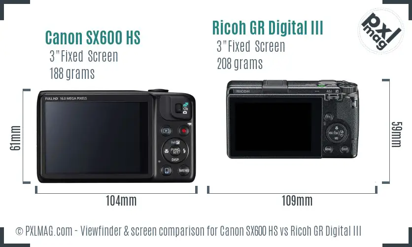 Canon SX600 HS vs Ricoh GR Digital III Screen and Viewfinder comparison
