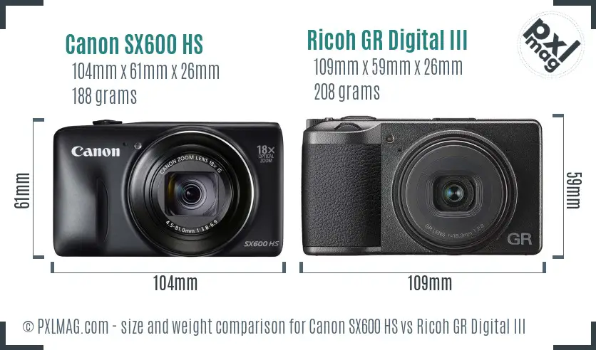Canon SX600 HS vs Ricoh GR Digital III size comparison