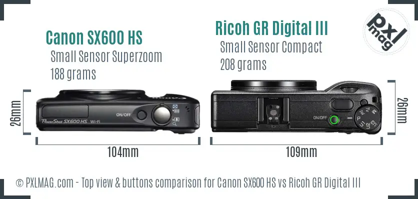 Canon SX600 HS vs Ricoh GR Digital III top view buttons comparison