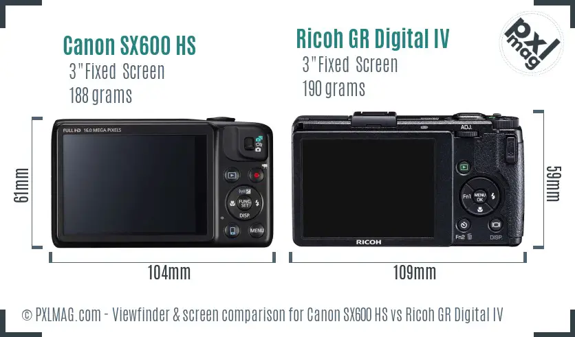 Canon SX600 HS vs Ricoh GR Digital IV Screen and Viewfinder comparison