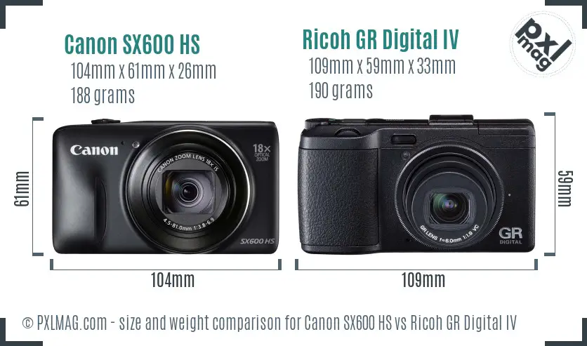 Canon SX600 HS vs Ricoh GR Digital IV size comparison