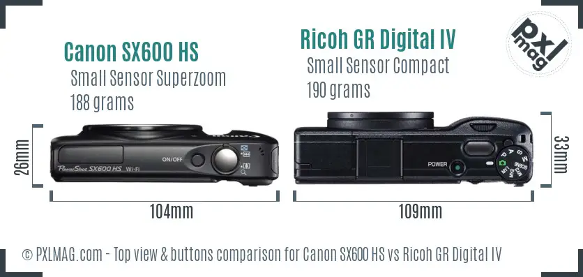 Canon SX600 HS vs Ricoh GR Digital IV top view buttons comparison