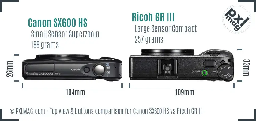 Canon SX600 HS vs Ricoh GR III top view buttons comparison Canon SX600 HS vs Ricoh GR III top view buttons comparison