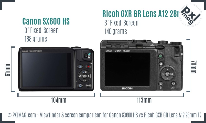 Canon SX600 HS vs Ricoh GXR GR Lens A12 28mm F2.5 Screen and Viewfinder comparison