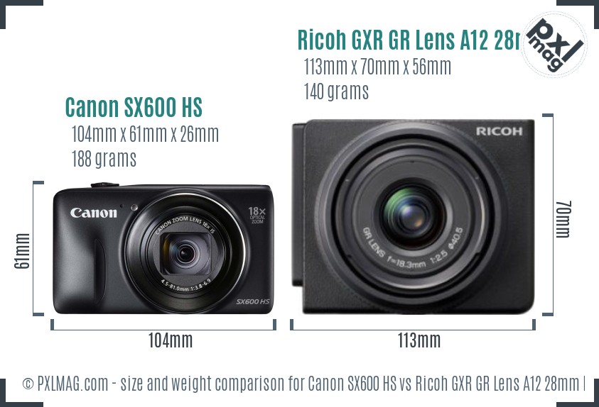 Canon SX600 HS vs Ricoh GXR GR Lens A12 28mm F2.5 size comparison