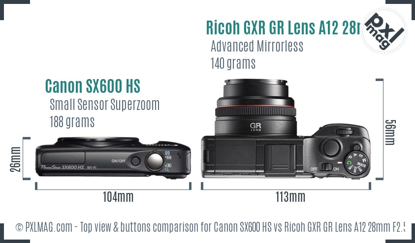 Canon SX600 HS vs Ricoh GXR GR Lens A12 28mm F2.5 top view buttons comparison