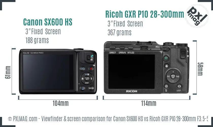 Canon SX600 HS vs Ricoh GXR P10 28-300mm F3.5-5.6 VC Screen and Viewfinder comparison