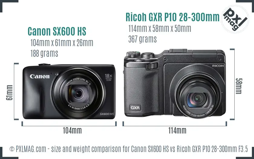 Canon SX600 HS vs Ricoh GXR P10 28-300mm F3.5-5.6 VC size comparison Canon SX600 HS vs Ricoh GXR P10 28-300mm F3.5-5.6 VC size comparison