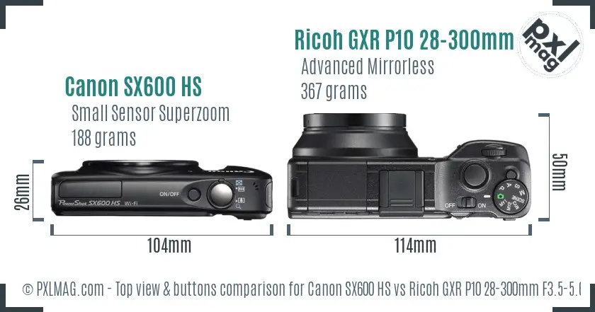 Canon SX600 HS vs Ricoh GXR P10 28-300mm F3.5-5.6 VC top view buttons comparison