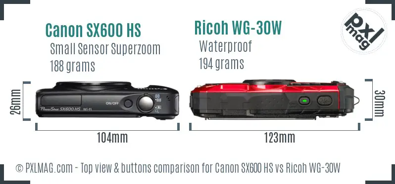 Canon SX600 HS vs Ricoh WG-30W top view buttons comparison