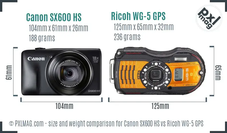 Canon SX600 HS vs Ricoh WG-5 GPS size comparison