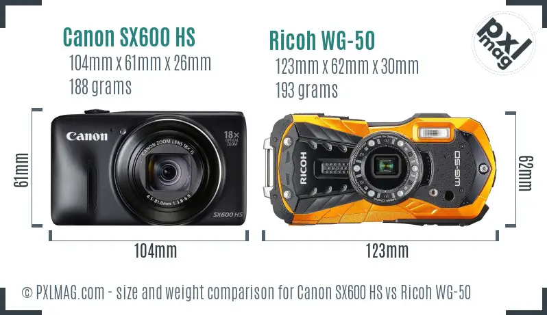 Canon SX600 HS vs Ricoh WG-50 size comparison