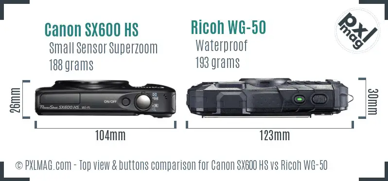 Canon SX600 HS vs Ricoh WG-50 top view buttons comparison