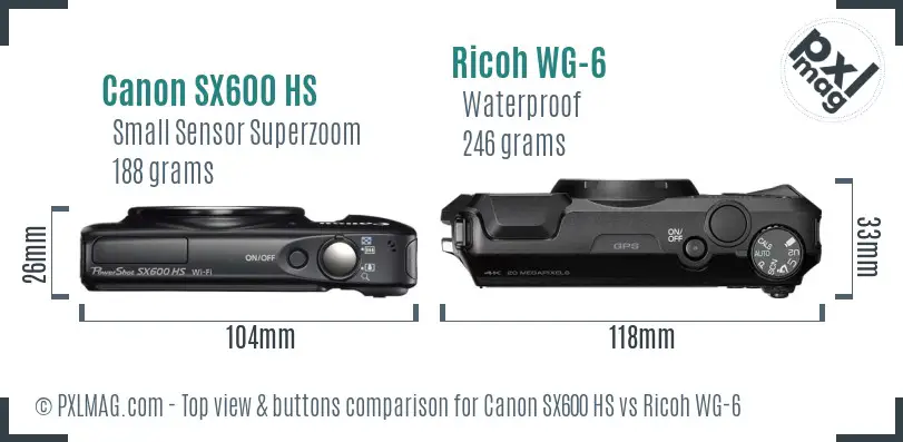 Canon SX600 HS vs Ricoh WG-6 top view buttons comparison