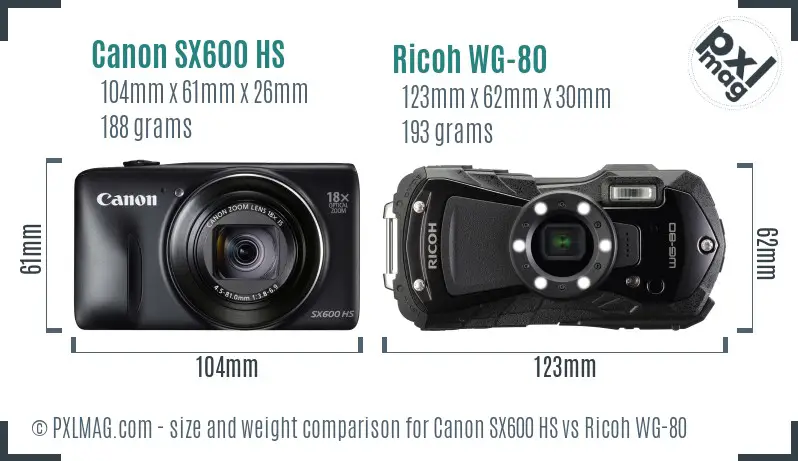 Canon SX600 HS vs Ricoh WG-80 size comparison