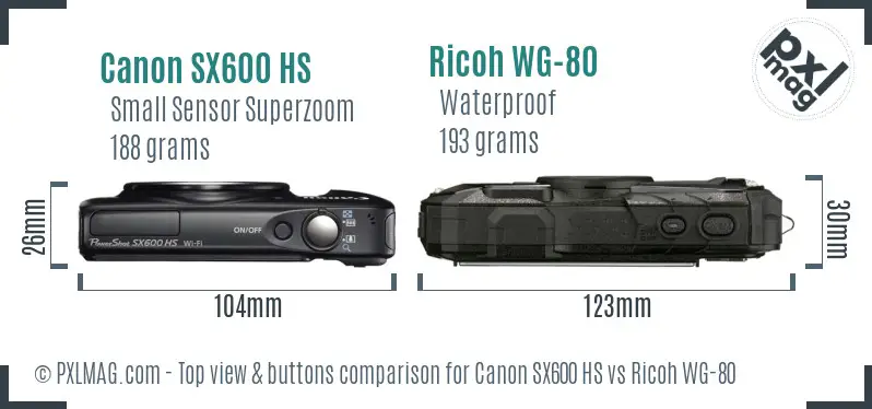 Canon SX600 HS vs Ricoh WG-80 top view buttons comparison