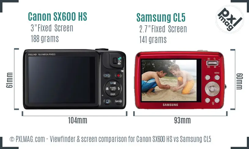 Canon SX600 HS vs Samsung CL5 Screen and Viewfinder comparison
