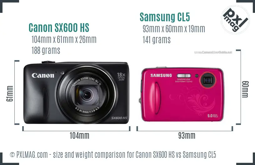 Canon SX600 HS vs Samsung CL5 size comparison