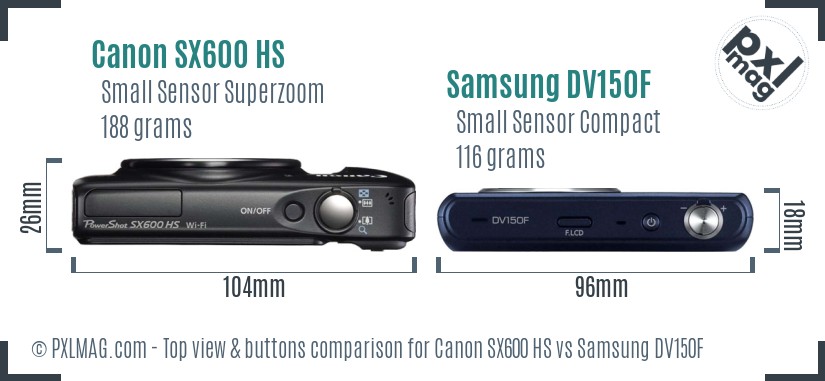 Canon SX600 HS vs Samsung DV150F top view buttons comparison