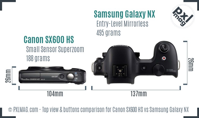 Canon SX600 HS vs Samsung Galaxy NX top view buttons comparison