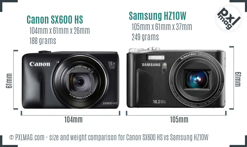 Canon SX600 HS vs Samsung HZ10W size comparison