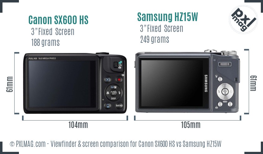 Canon SX600 HS vs Samsung HZ15W Screen and Viewfinder comparison