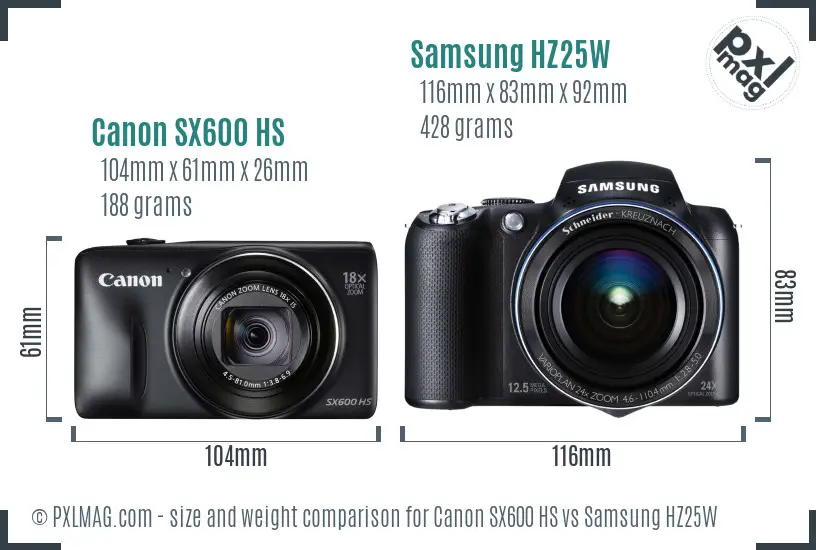 Canon SX600 HS vs Samsung HZ25W size comparison Canon SX600 HS vs Samsung HZ25W size comparison
