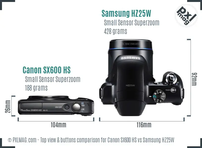 Canon SX600 HS vs Samsung HZ25W top view buttons comparison Canon SX600 HS vs Samsung HZ25W top view buttons comparison