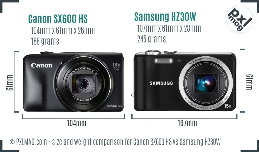 Canon SX600 HS vs Samsung HZ30W size comparison