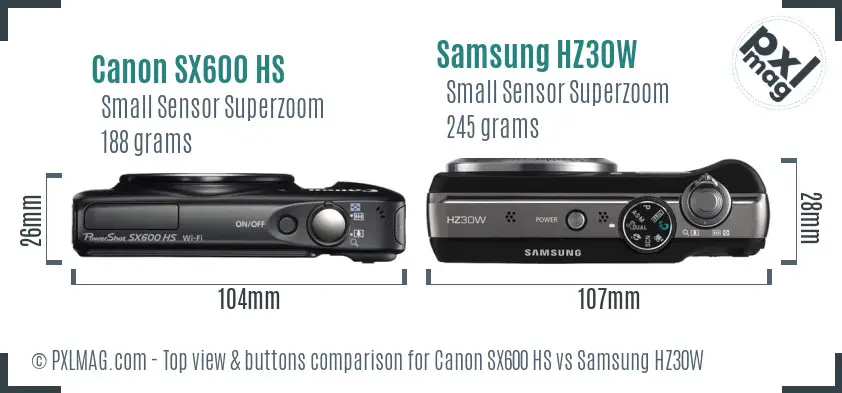 Canon SX600 HS vs Samsung HZ30W top view buttons comparison