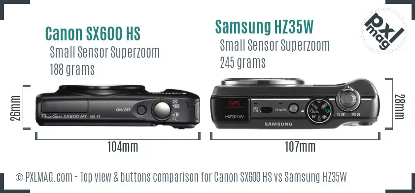 Canon SX600 HS vs Samsung HZ35W top view buttons comparison Canon SX600 HS vs Samsung HZ35W top view buttons comparison