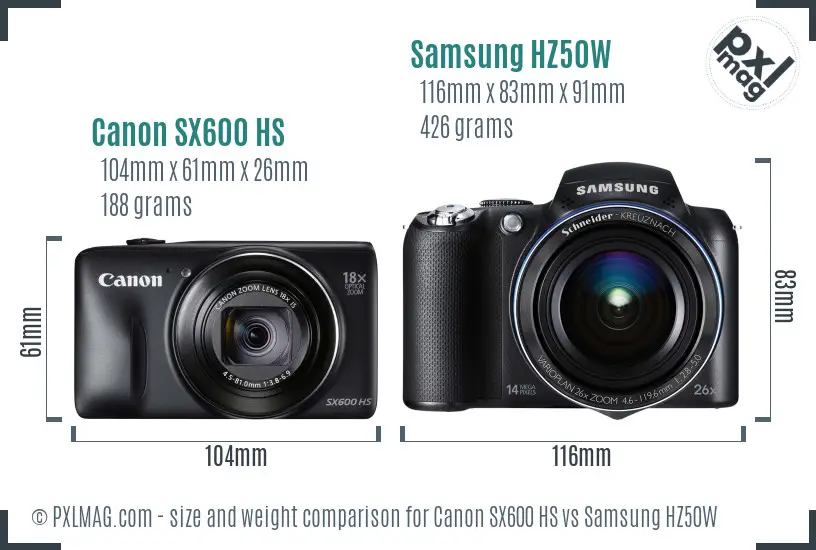 Canon SX600 HS vs Samsung HZ50W size comparison