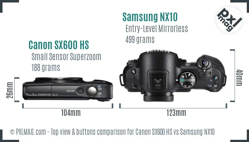 Canon SX600 HS vs Samsung NX10 top view buttons comparison Canon SX600 HS vs Samsung NX10 top view buttons comparison