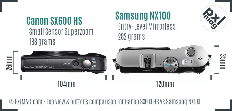 Canon SX600 HS vs Samsung NX100 top view buttons comparison Canon SX600 HS vs Samsung NX100 top view buttons comparison