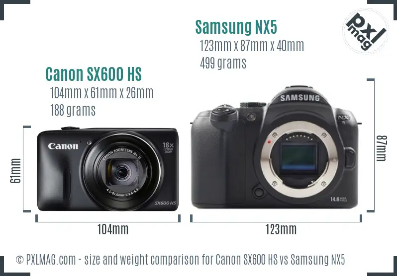 Canon SX600 HS vs Samsung NX5 size comparison