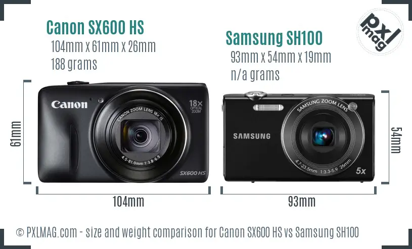 Canon SX600 HS vs Samsung SH100 size comparison