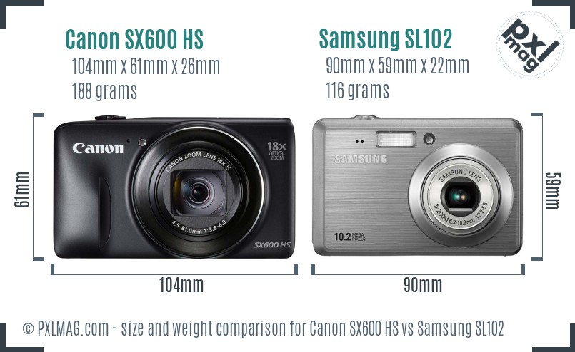 Canon SX600 HS vs Samsung SL102 size comparison