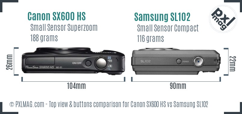 Canon SX600 HS vs Samsung SL102 top view buttons comparison
