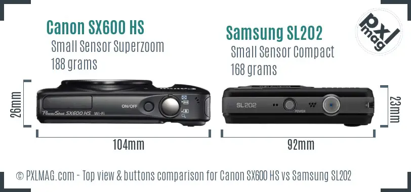 Canon SX600 HS vs Samsung SL202 top view buttons comparison Canon SX600 HS vs Samsung SL202 top view buttons comparison