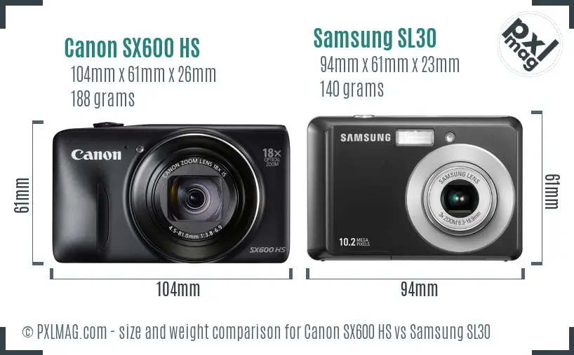 Canon SX600 HS vs Samsung SL30 size comparison