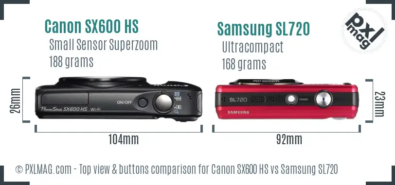 Canon SX600 HS vs Samsung SL720 top view buttons comparison