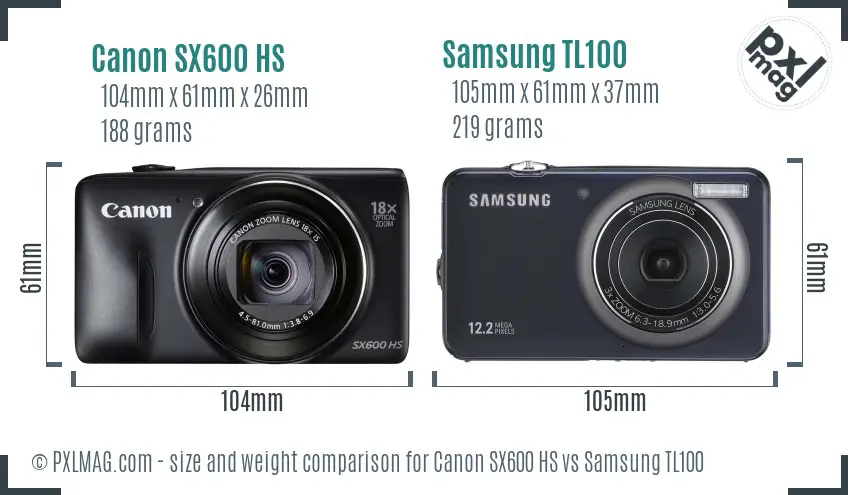 Canon SX600 HS vs Samsung TL100 size comparison