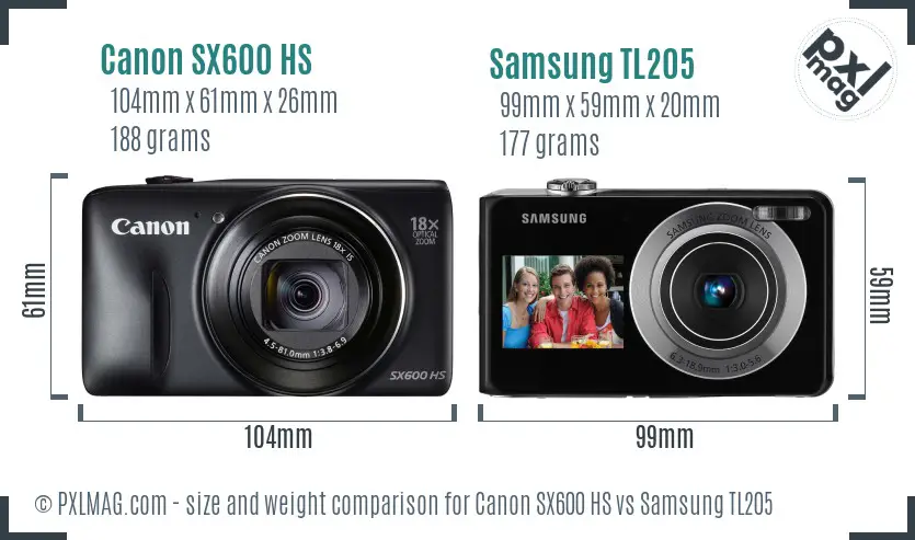 Canon SX600 HS vs Samsung TL205 size comparison