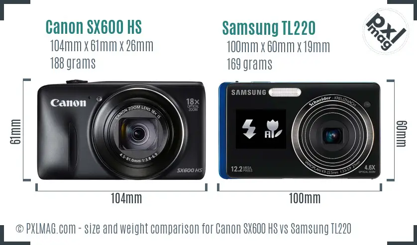 Canon SX600 HS vs Samsung TL220 size comparison