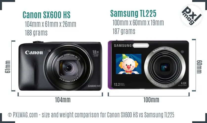 Canon SX600 HS vs Samsung TL225 size comparison