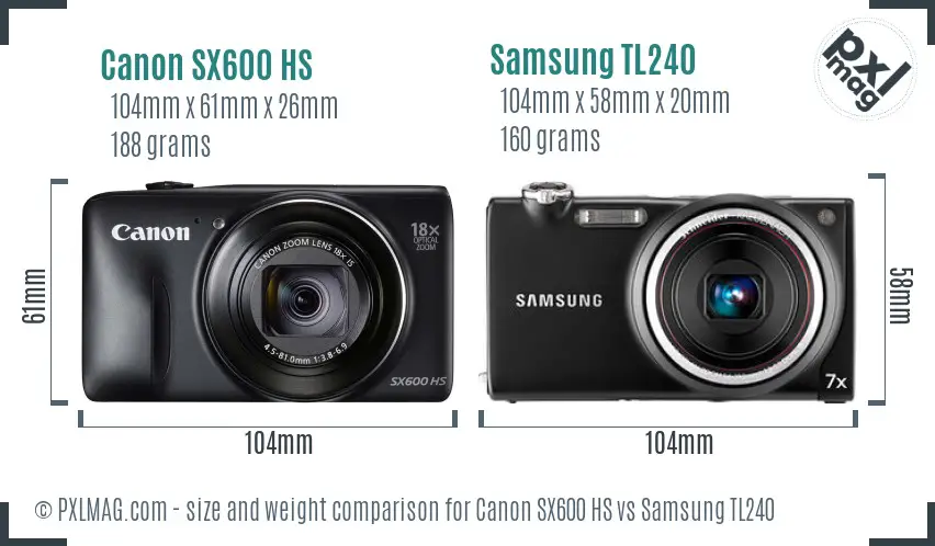 Canon SX600 HS vs Samsung TL240 size comparison