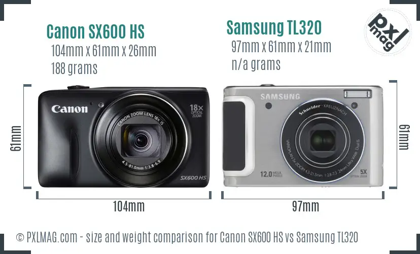 Canon SX600 HS vs Samsung TL320 size comparison