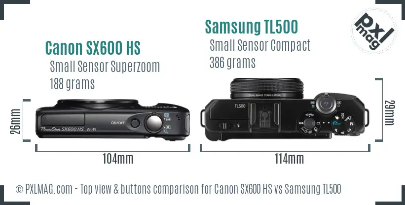 Canon SX600 HS vs Samsung TL500 top view buttons comparison