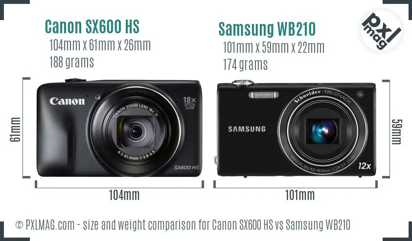 Canon SX600 HS vs Samsung WB210 size comparison