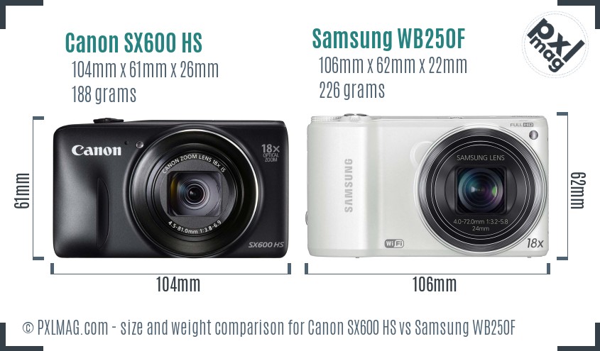 Canon SX600 HS vs Samsung WB250F size comparison
